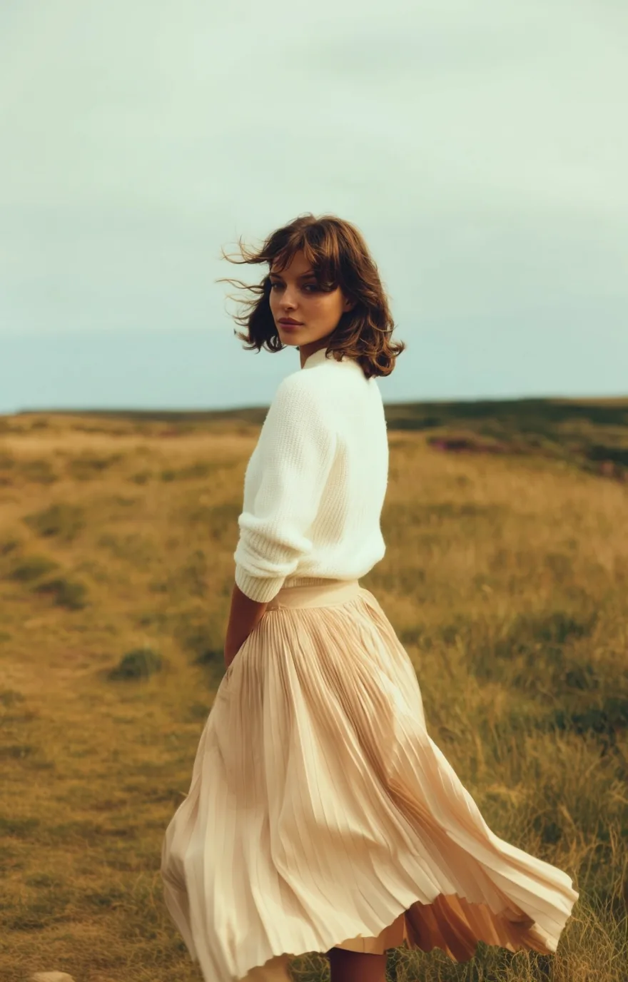 Donna in maglione bianco di cashmere e gonna avorio in un campo, con colline sullo sfondo