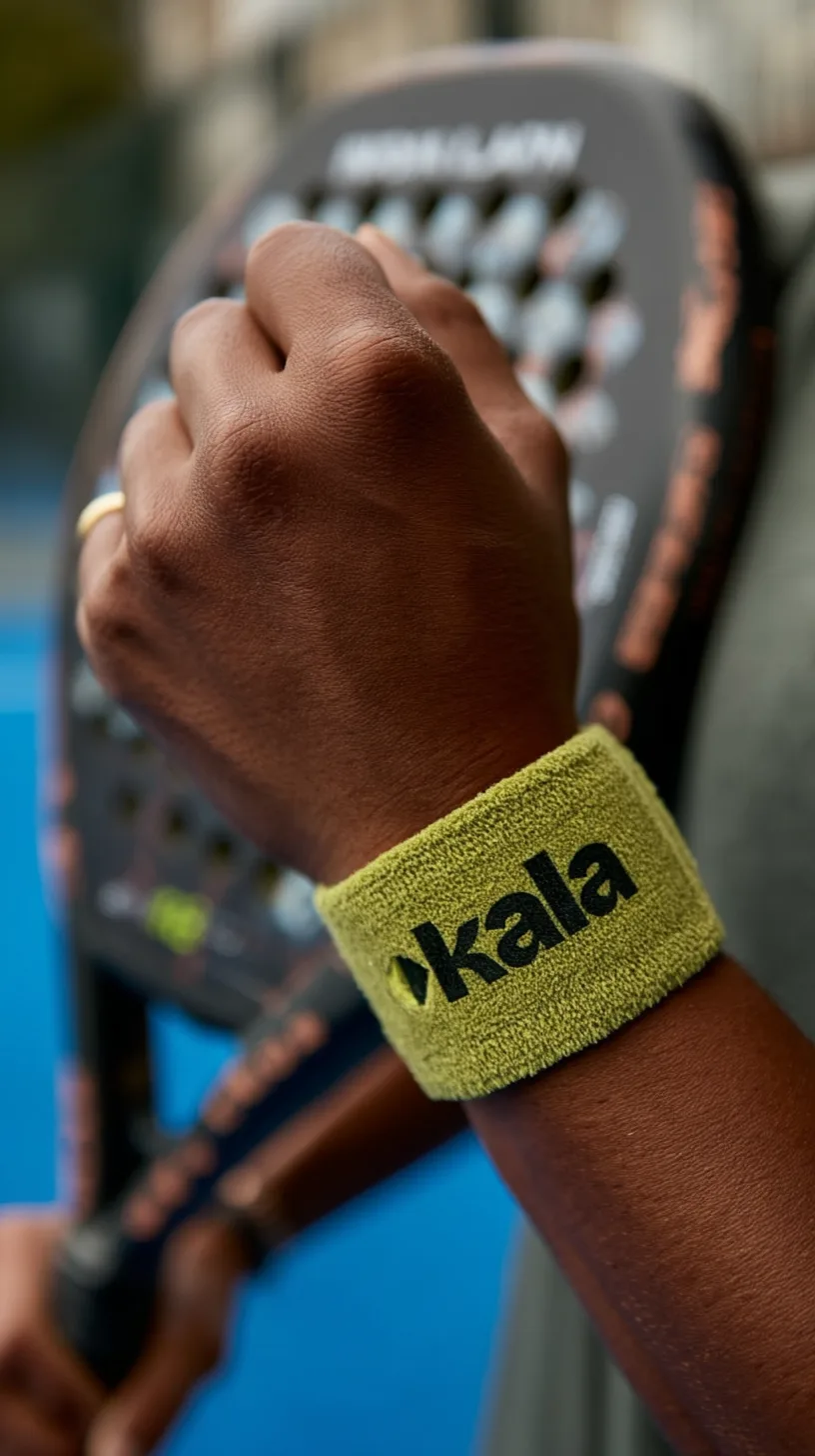 Primo piano di una mano che impugna una racchetta da padel, con polsino Kala verde lime