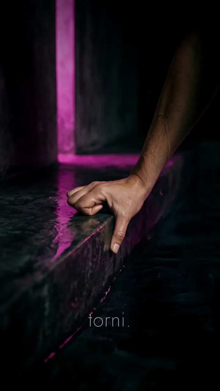 Fotogramma dello spot: una mano sul bordo della vasca in luce magenta e la scritta torni