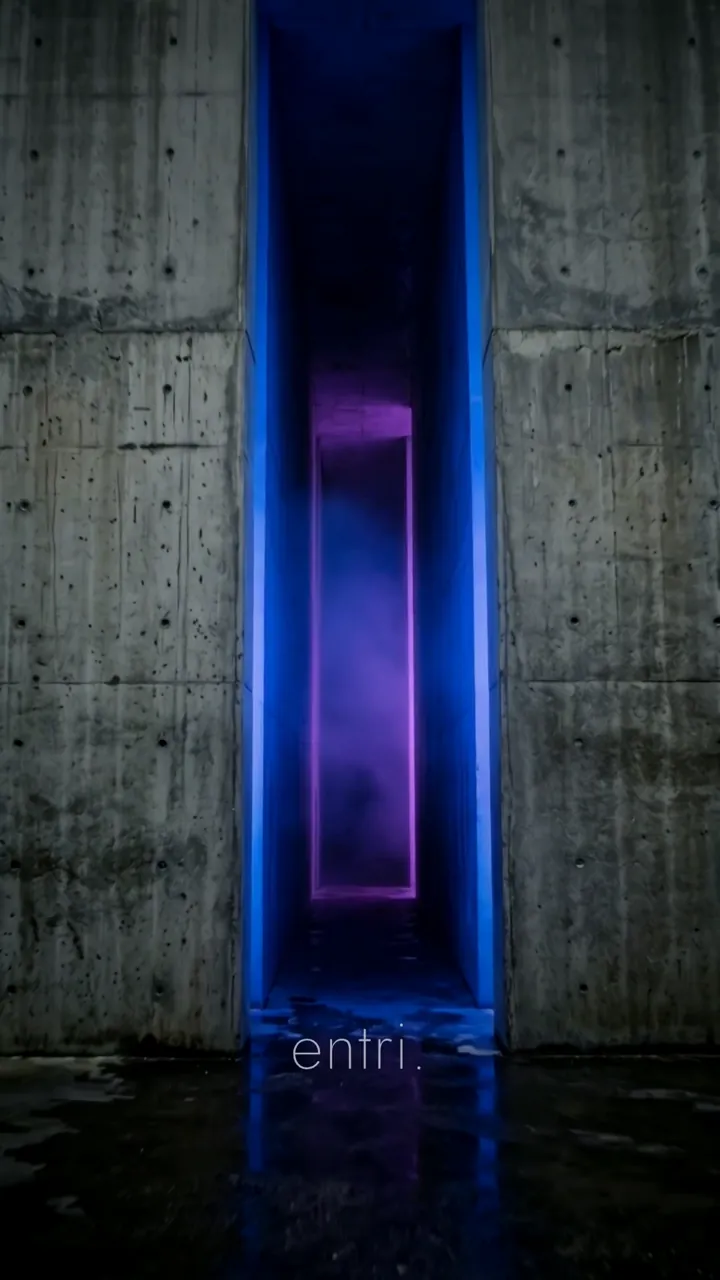 Fotogramma dello spot: un corridoio di cemento con una porta di luce blu e la scritta entri