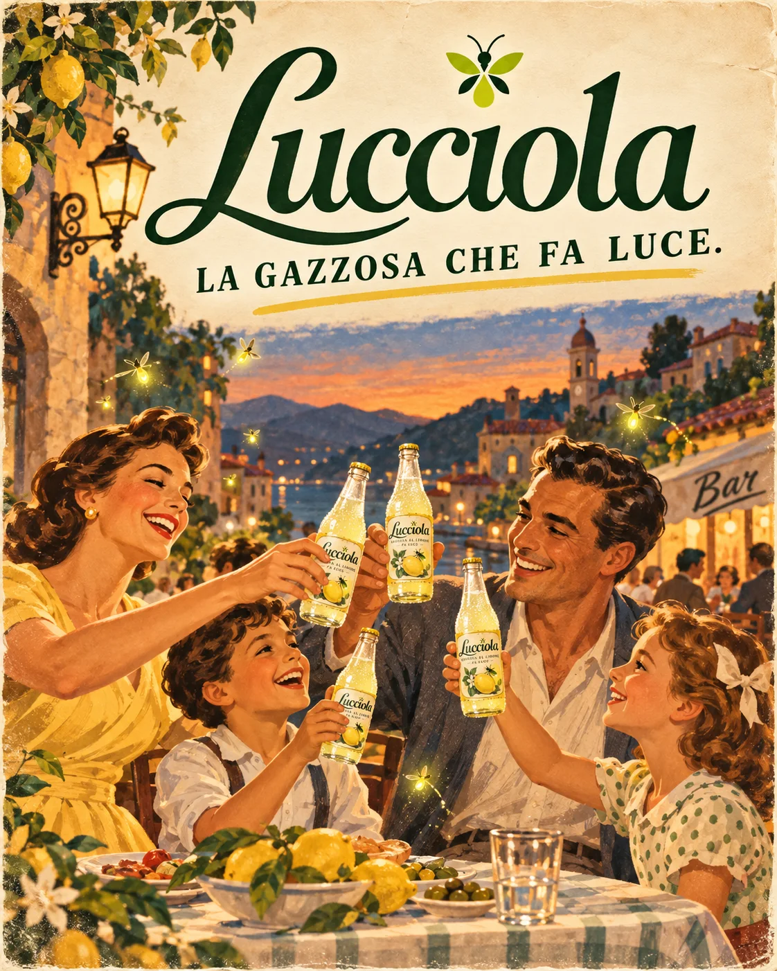 Lucciola, manifesto illustrato anni Cinquanta generato con l'AI