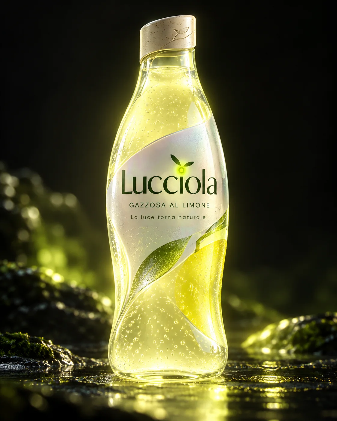 Lucciola nel 2050, bottiglia biodegradabile con la bevanda che si illumina