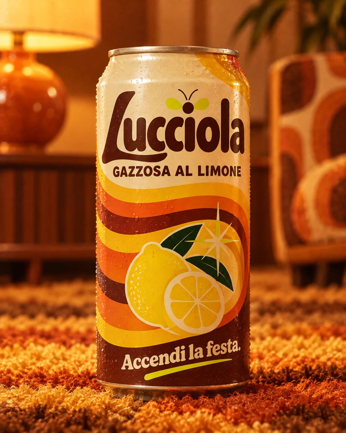 Lucciola, la lattina degli anni Settanta su un tappeto a pelo lungo