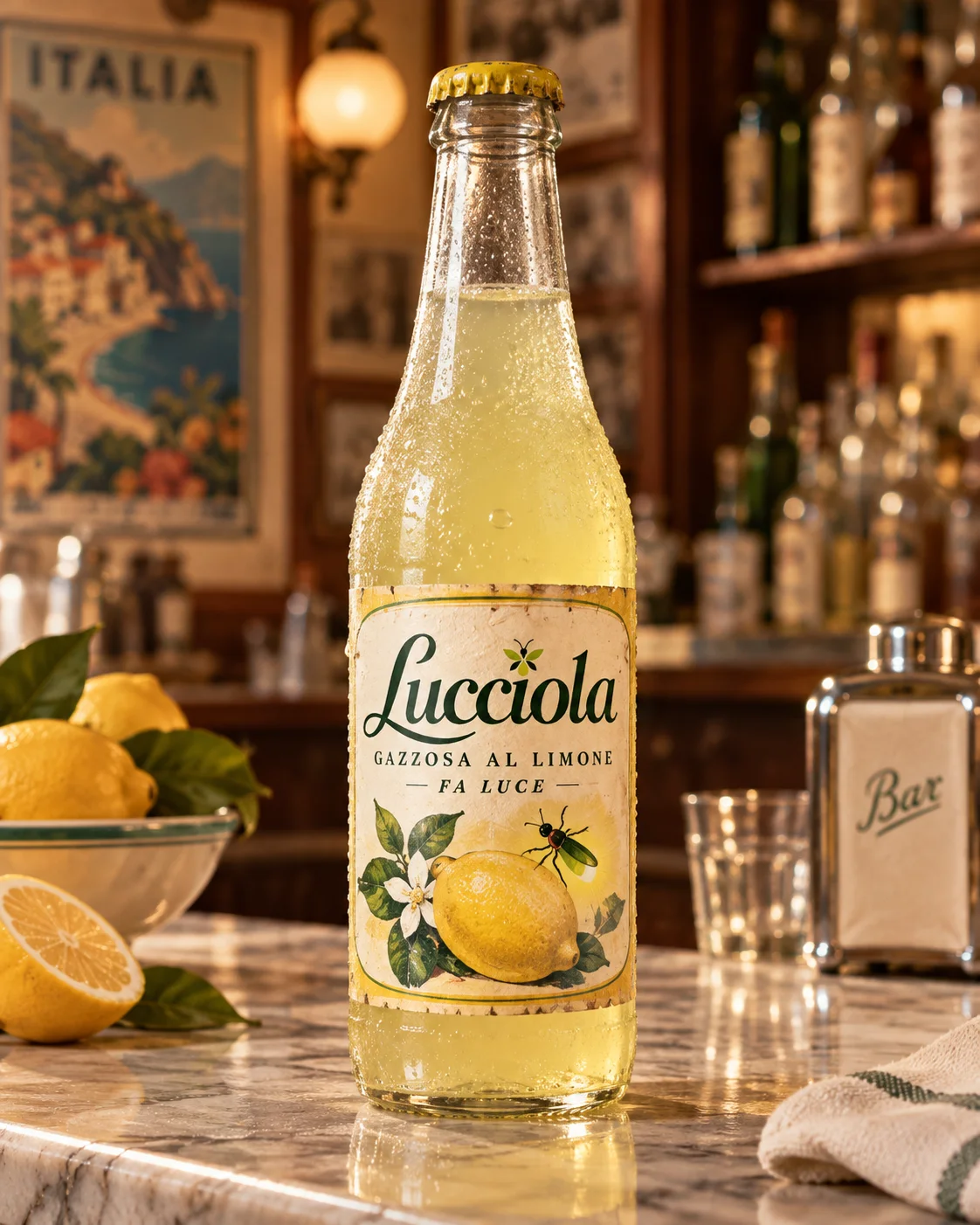 Lucciola, la bottiglia del 1950 su un bancone di marmo